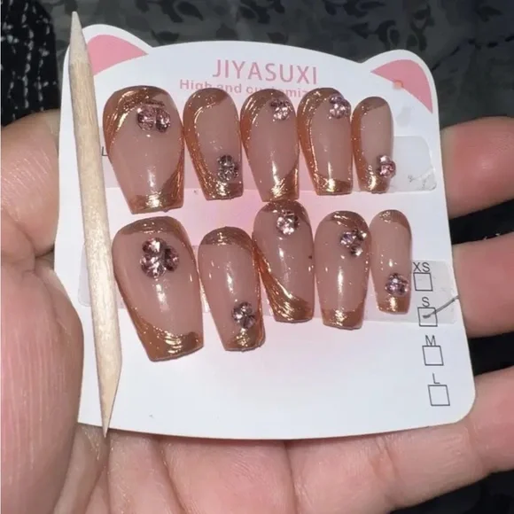 Elegant Pink Diamond & Gold Press On Nail Art reusable medium 10 pc NWT - Picture 6 of 8